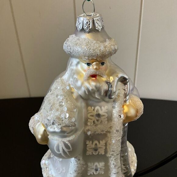 Santa Claus Christmas Tree Hanging Glass Ornament Silver Glitter 6" Tall - Picture 3 of 8